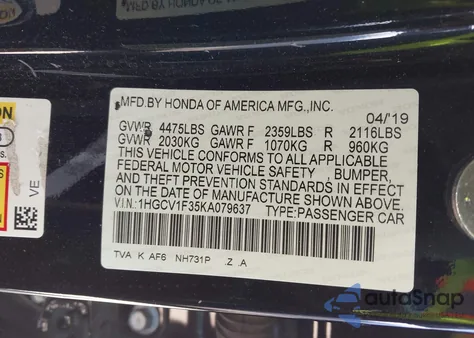 2019 Honda Accord Sport из США, поврежденный, VIN 1HGCV1F35KA079637